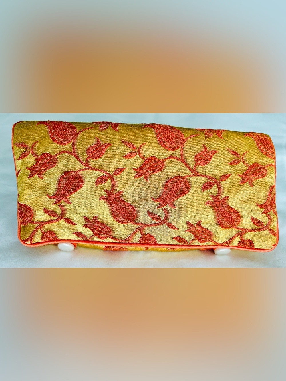 Vintage Silk Brocade Gold and Orange Floral Jewelry Organizer